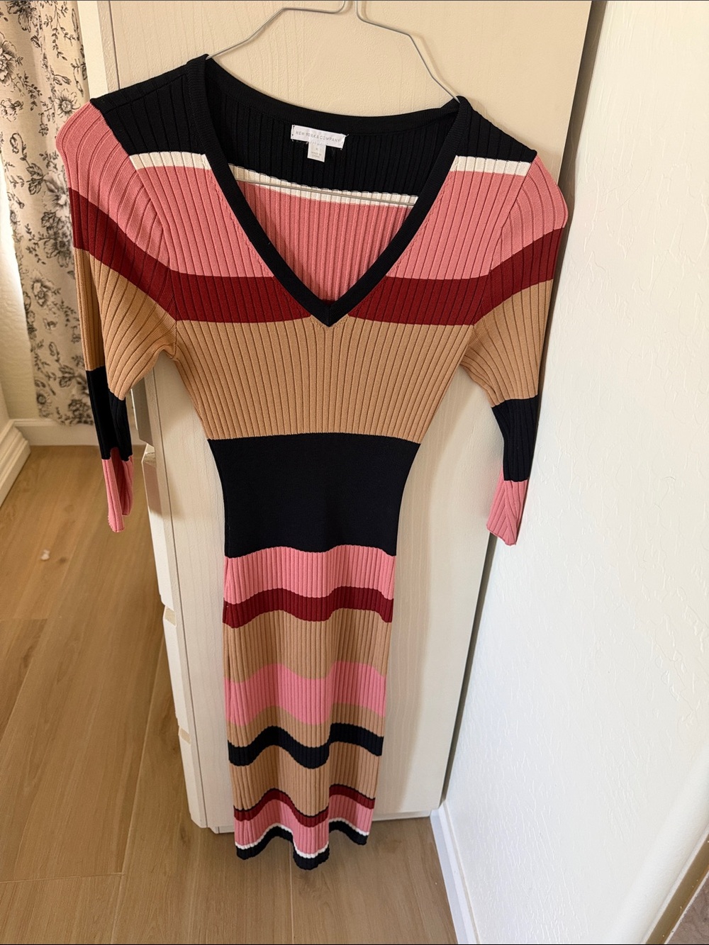 New York & Company Striped Ribbed V-Neck Midi Dress - Pink, Tan & Black